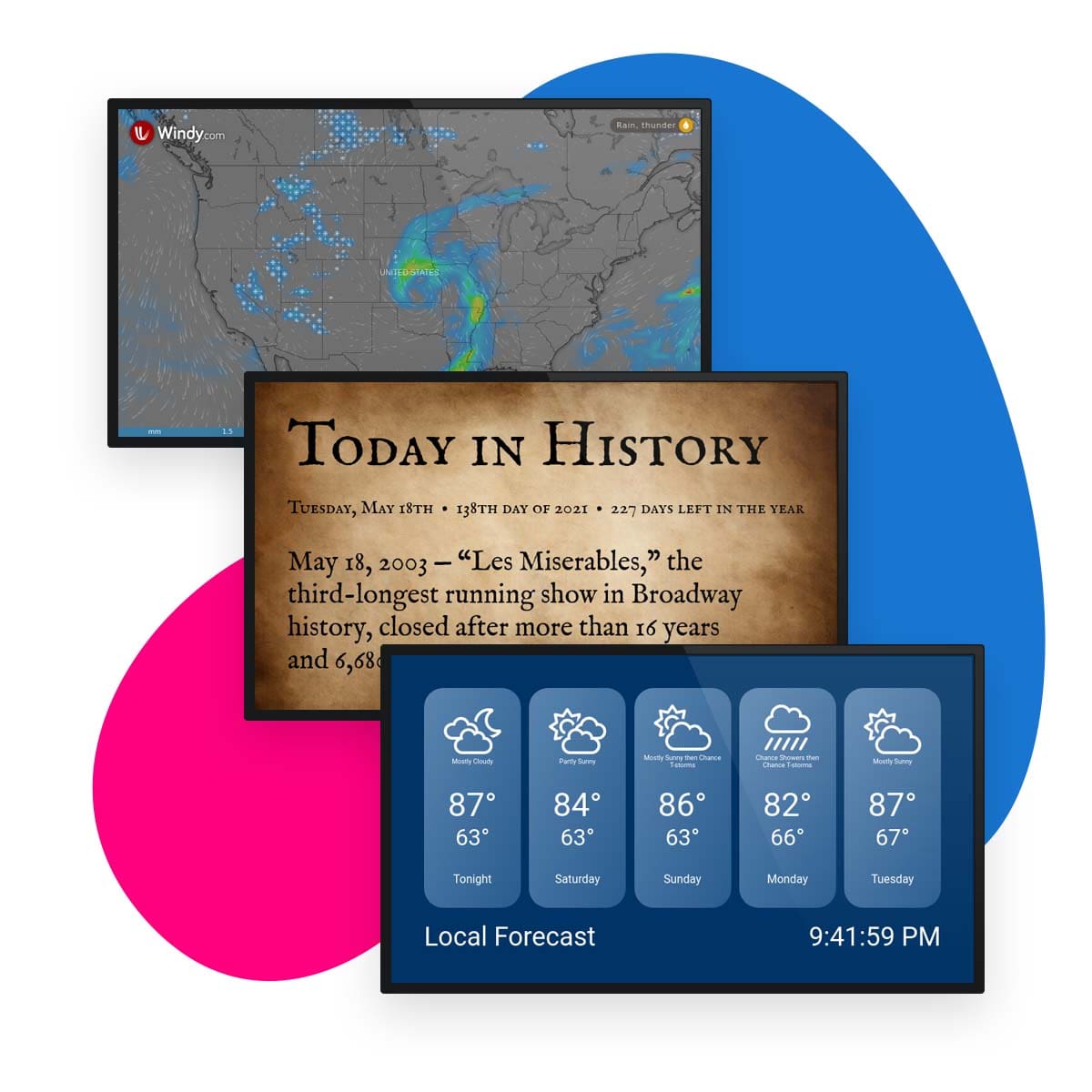 Digital signs showing weather forecasts and historical trivia