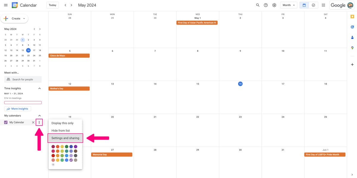 Screenshot showing how to access the setting and sharing options for a Google Calendar.