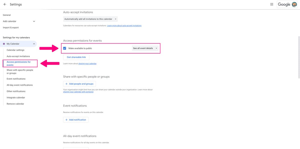 Screenshot showing how to make a Google Calendar public so it can be embedded in digital signage. Go to Access Permissions for Events, then check Make Available to Public.