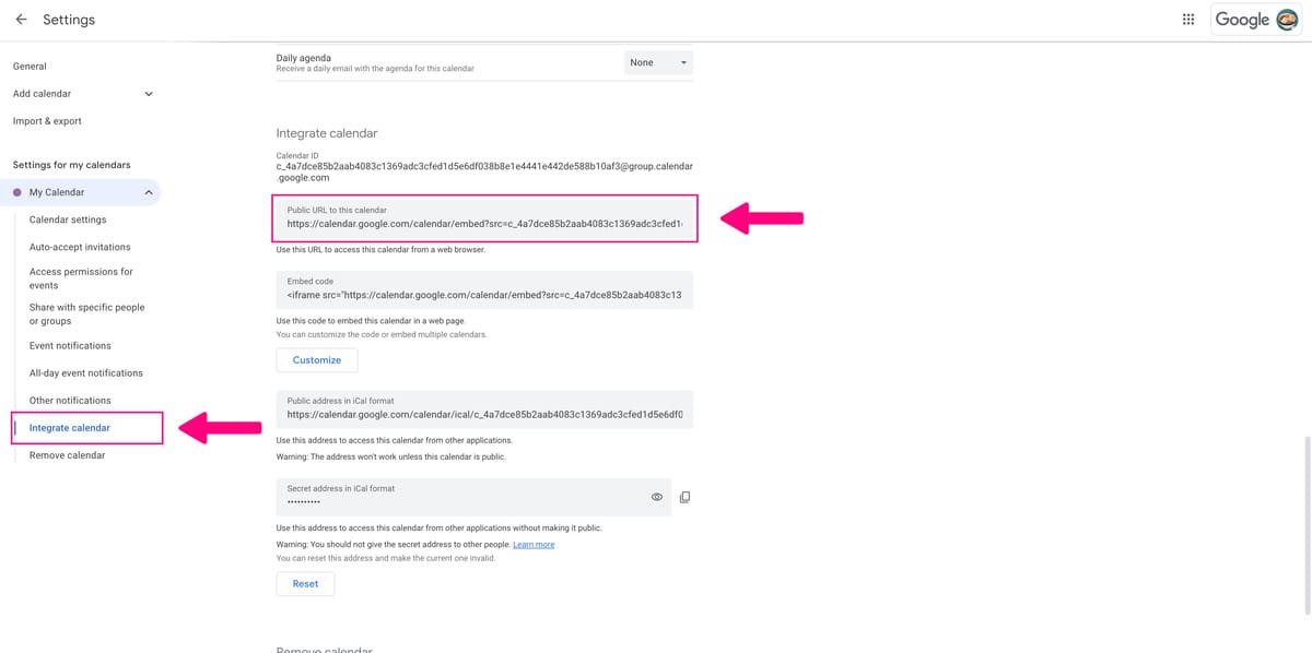 Screenshot showing how to get the embed code for a Google Calendar. Go to Integrate Calendar, then copy the public URL to this calendar.