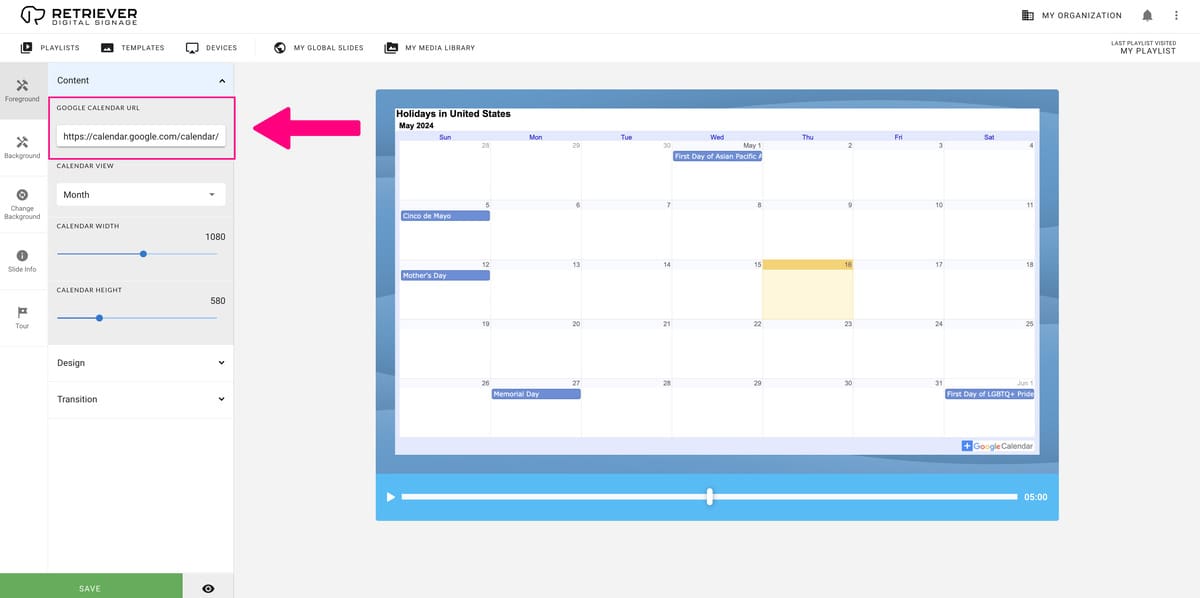 Retriever interface showing where to paste the Google Calendar URL.