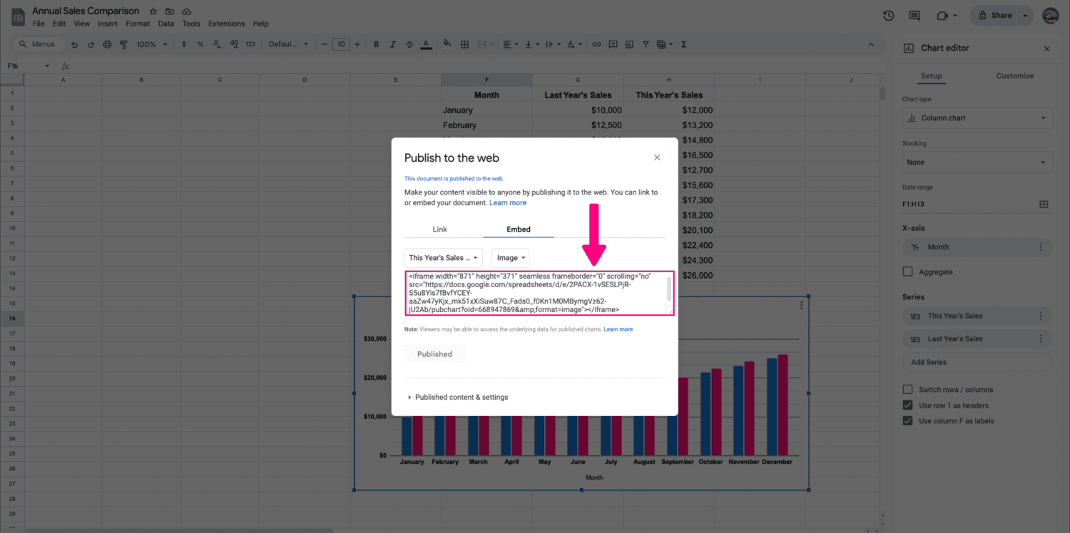 Screenshot showing the embed code for a Google Sheet chart.