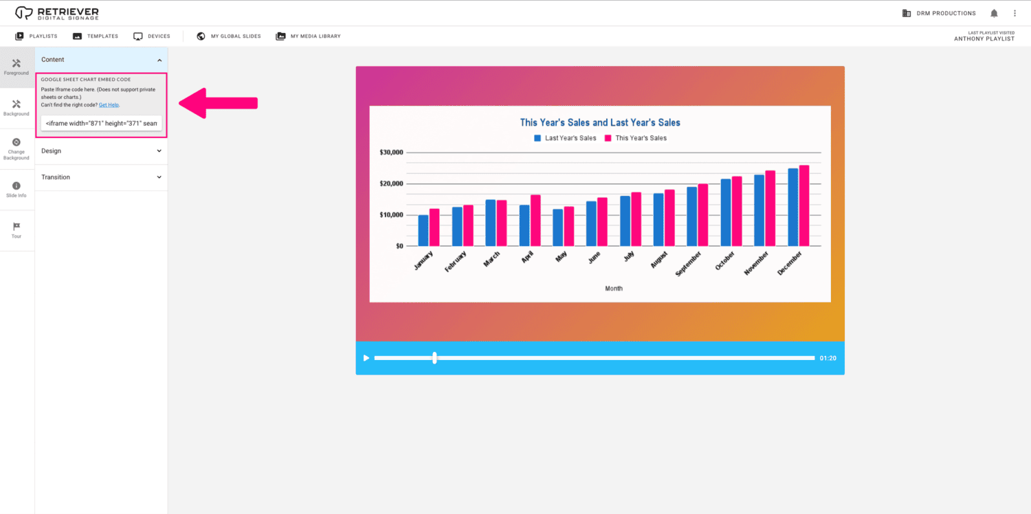 Screenshot of the Retriever Digital Signage interface showing where to paste a Google Sheet chart embed code.