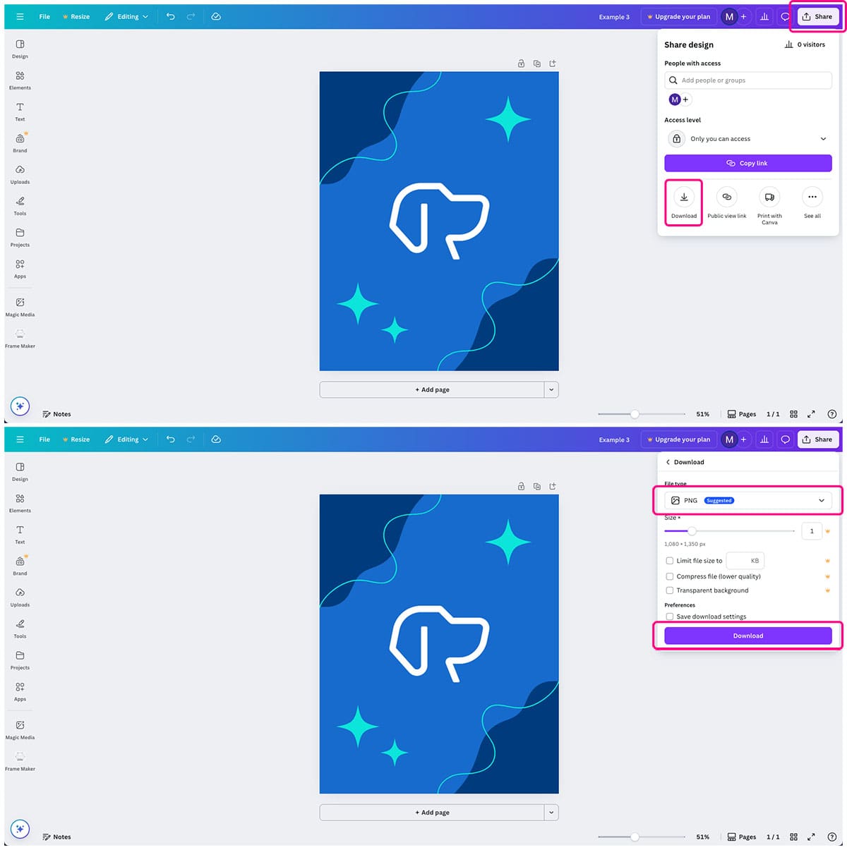 Canva interface with the steps to download an image highlighted