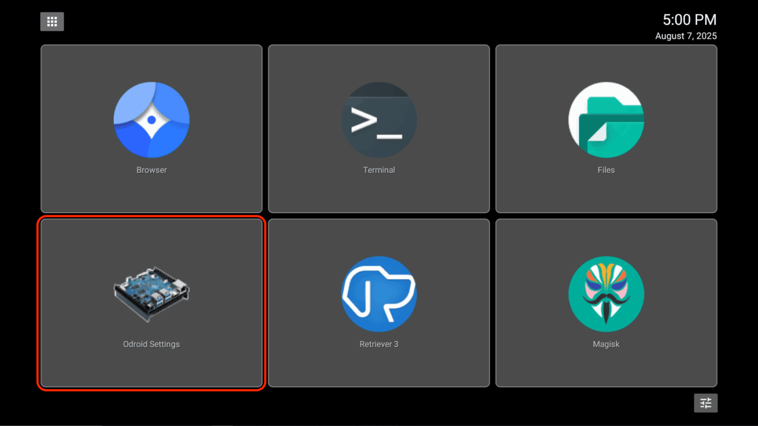 Retriever device menu showing the Odroid settings