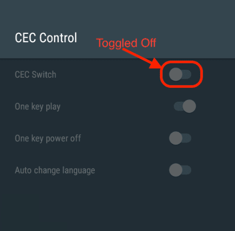 Retriever device menu showing the CEC settings toggled off