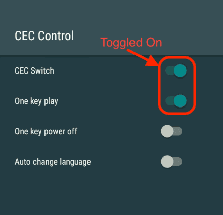 Retriever device menu showing the CEC settings toggled on
