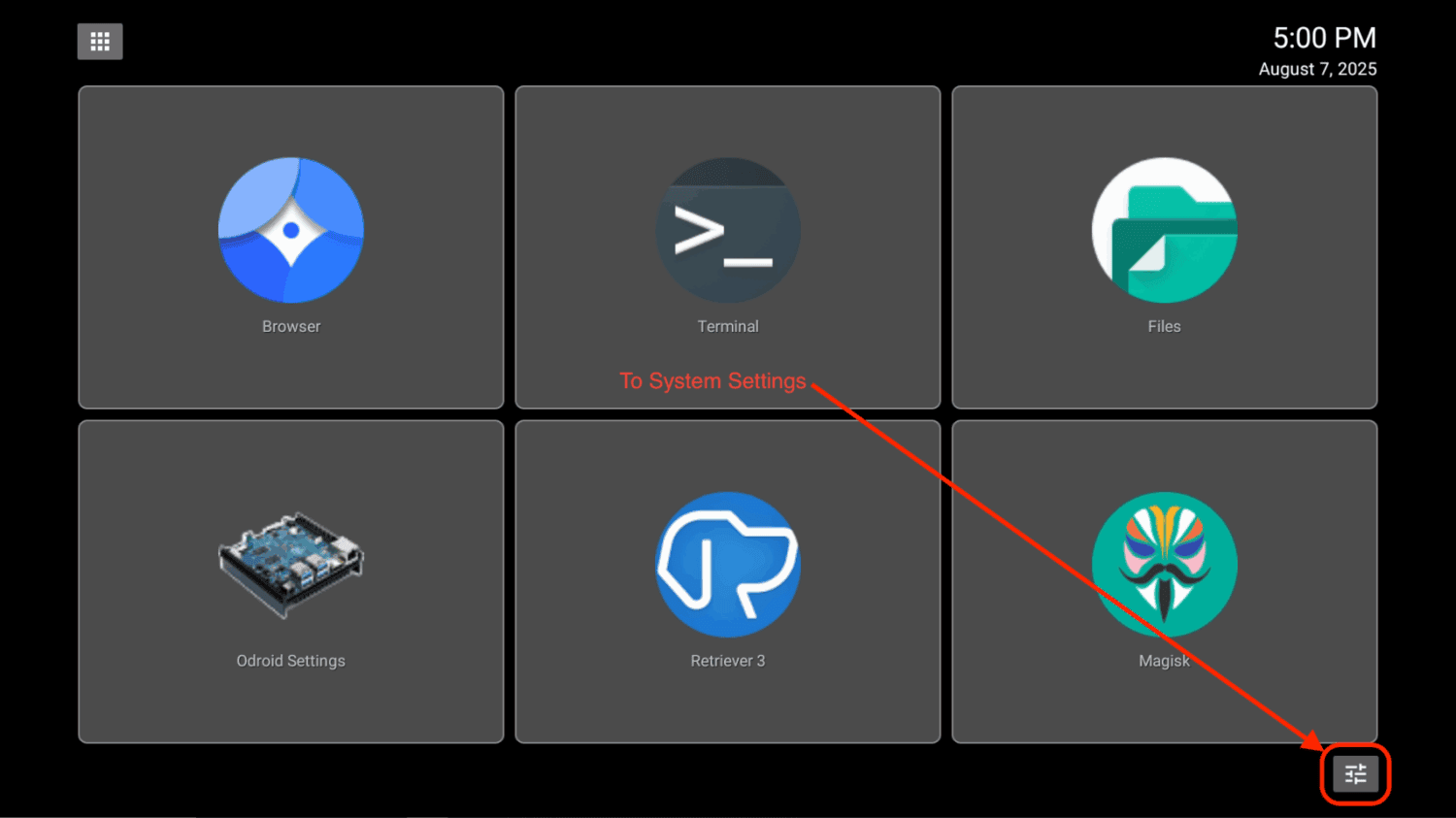 Retriever device menu showing the settings button