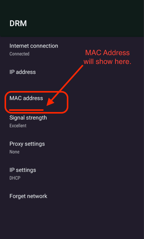 Retriever device menu showing the MAC address setting