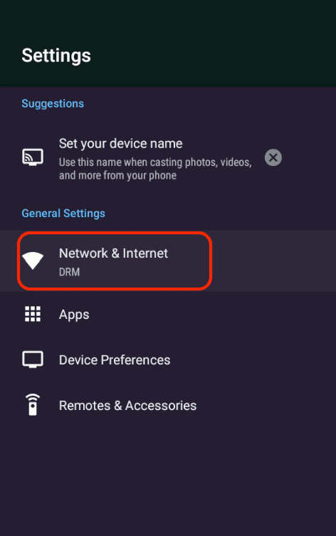 Retriever device menu showing the network and internet settings