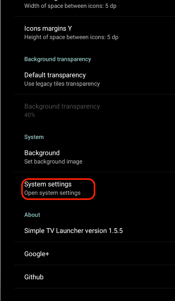 Retriever device menu showing the system settings