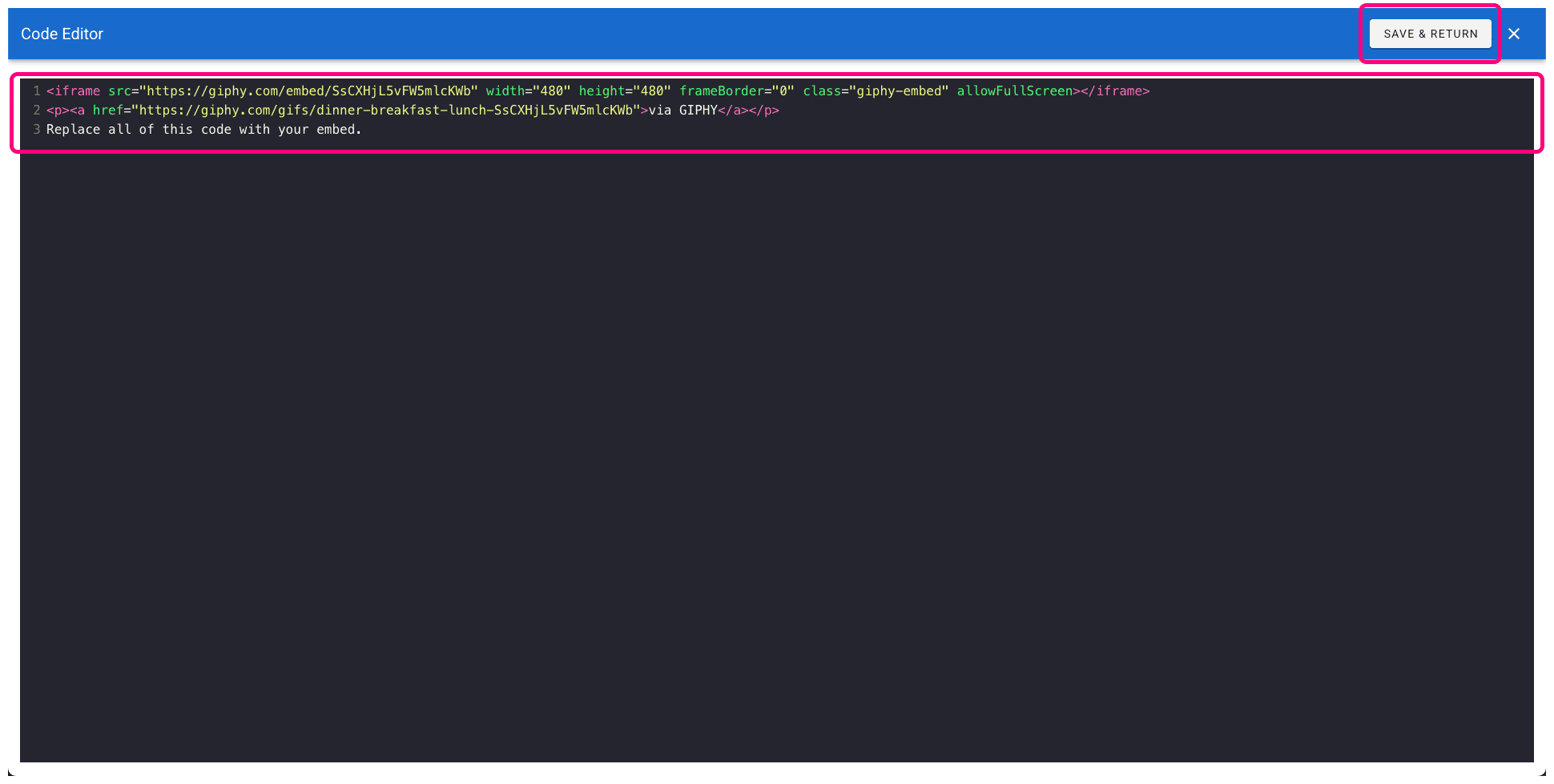 Screen shot of the Retriever code editor field with the embed code highlighted.