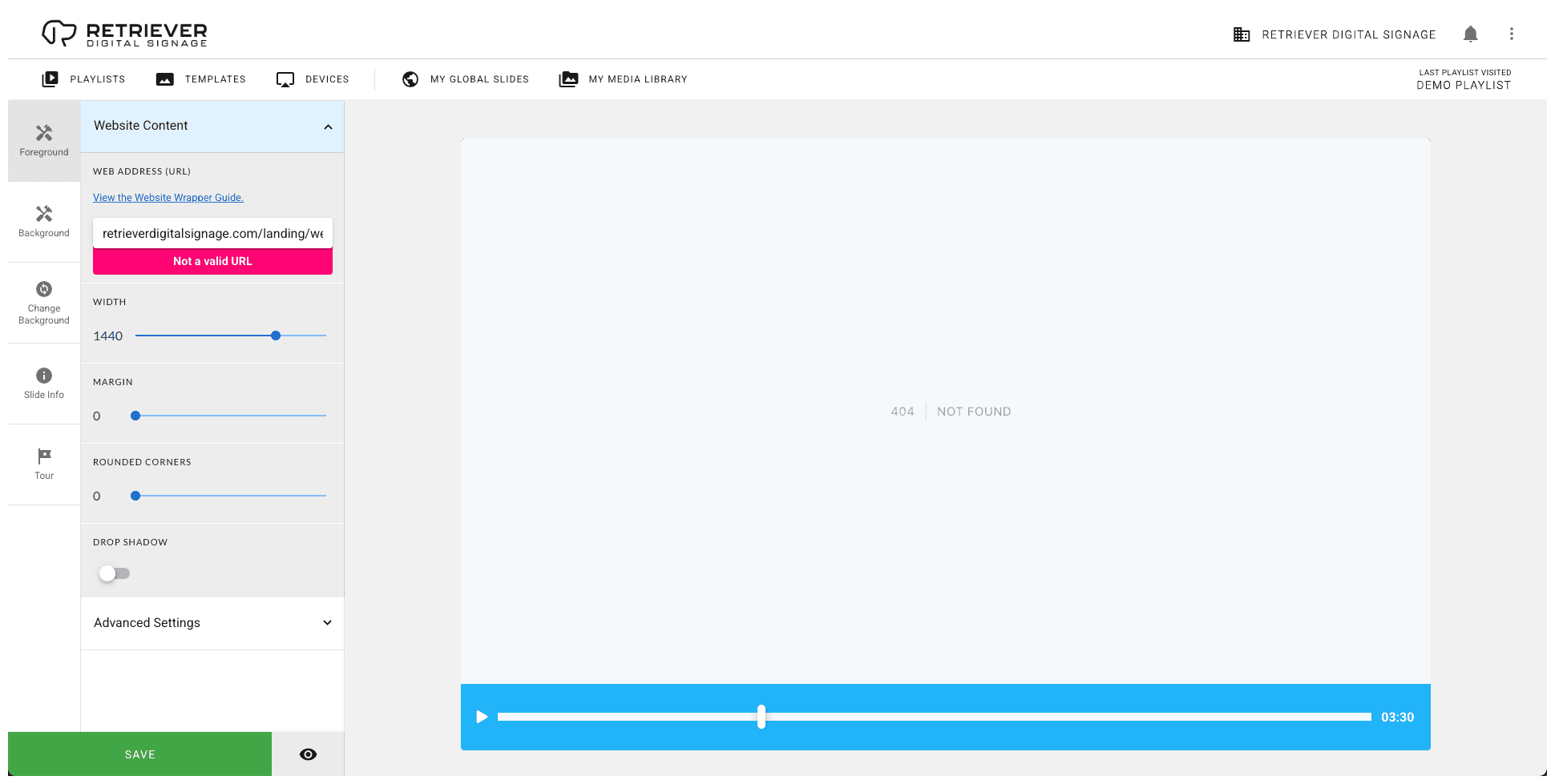 Screen shot of the Retriever interface showing the “not a valid URL” error message