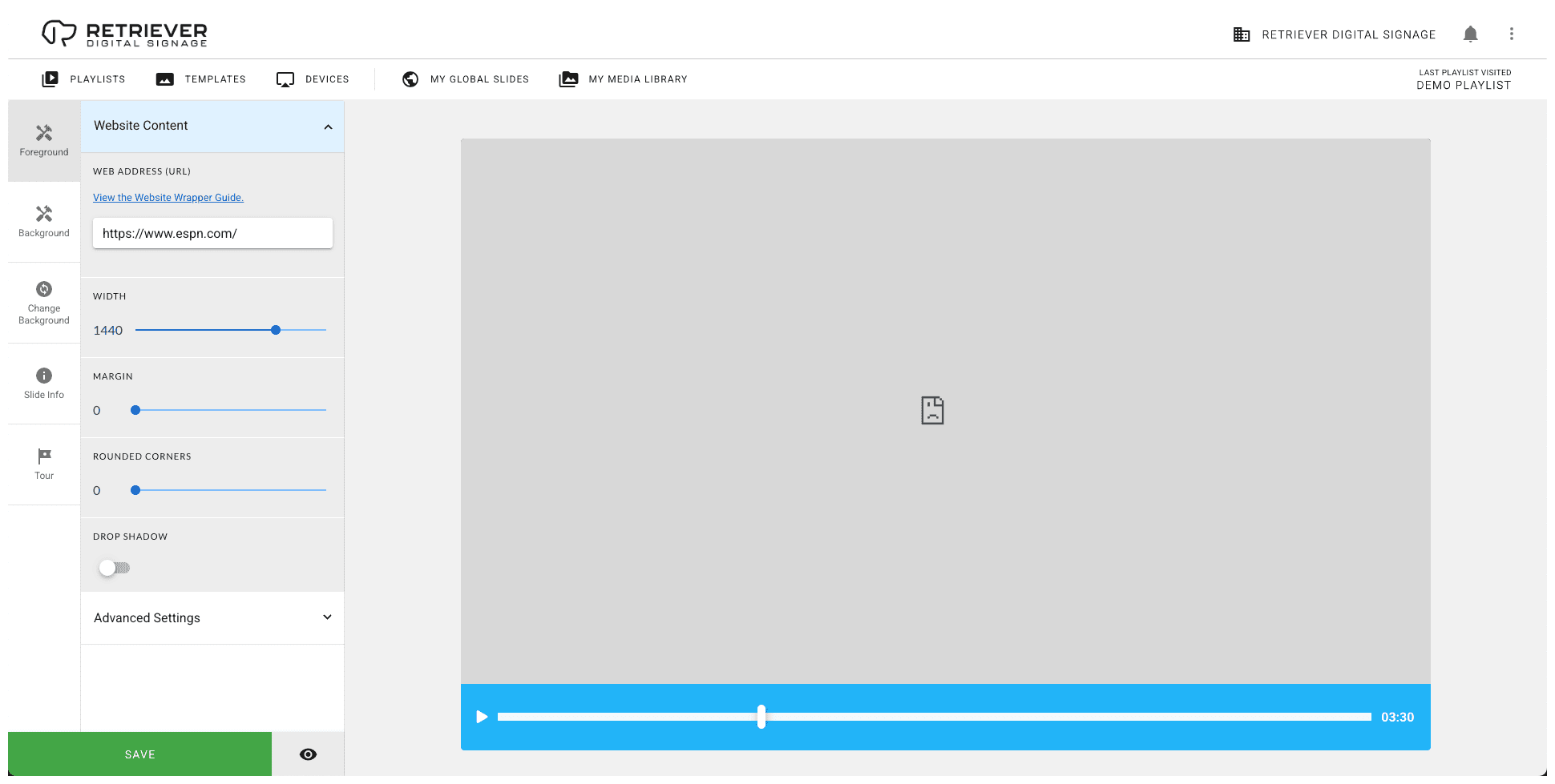 Screen shot of the Retriever interface showing a website that has failed to load