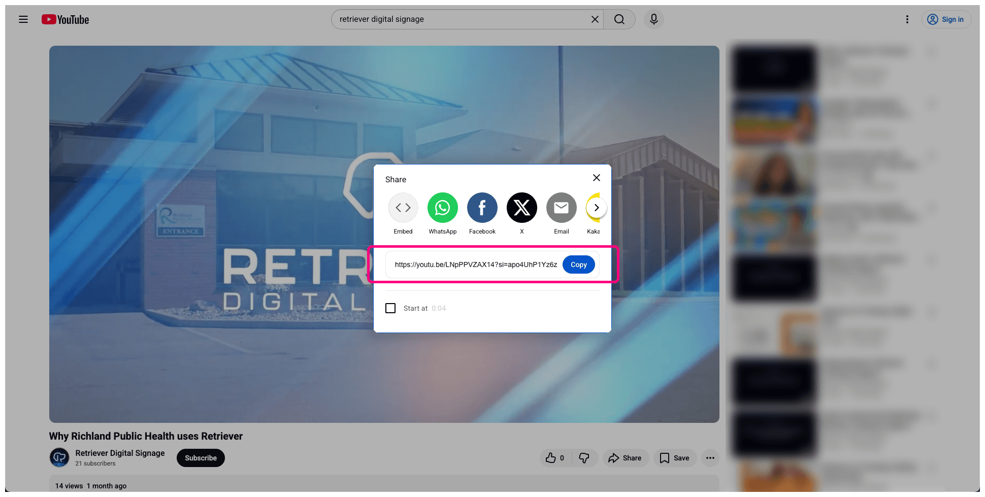 Screen shot showing a YouTube share popup with the link and “Copy” button highlighted