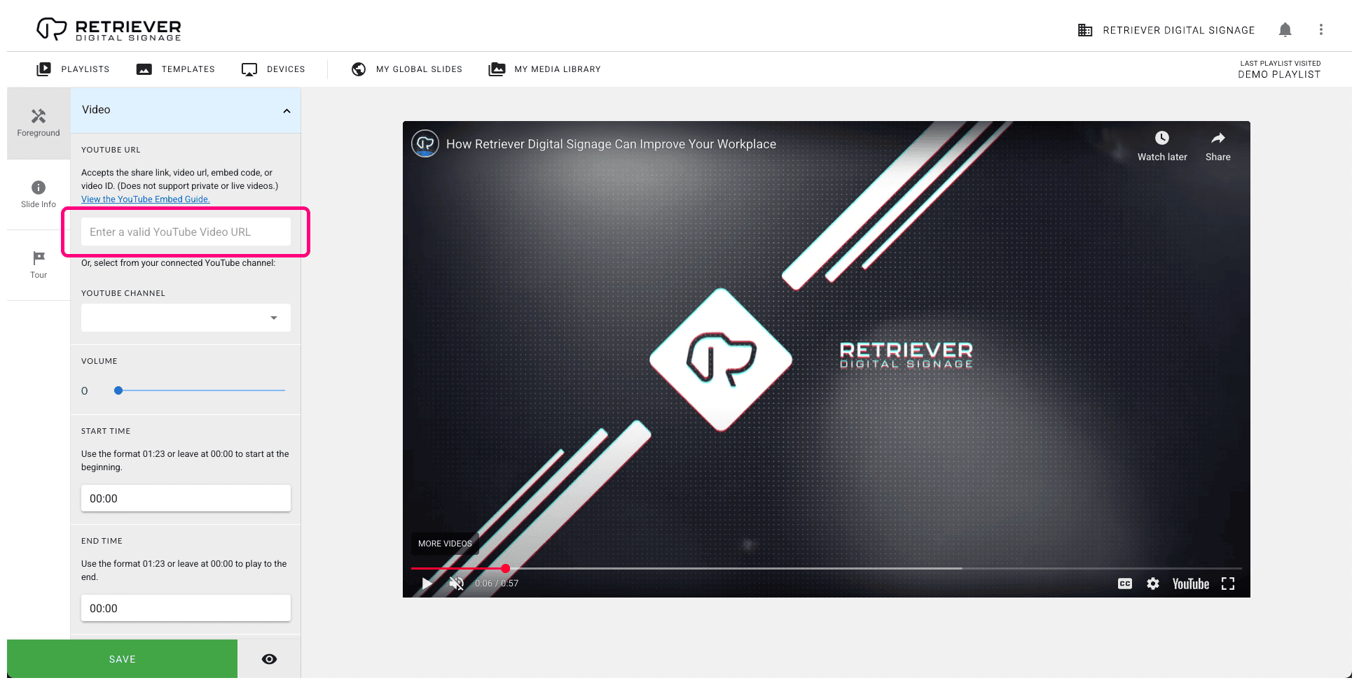 Screen shot of the Retriever interface with the “YouTube URL” field highlighted. The field is empty.
