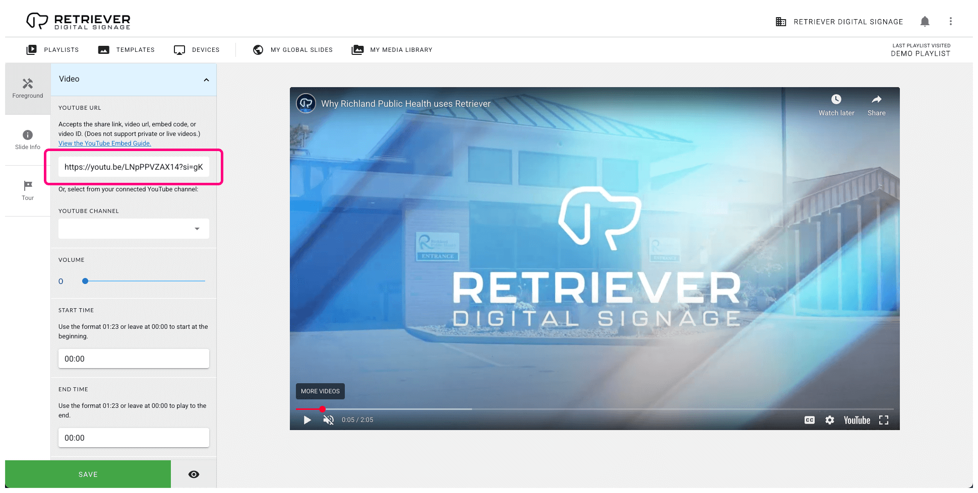 Screen shot of the Retriever interface with the “YouTube URL” field highlighted. The field has a YouTube share link.