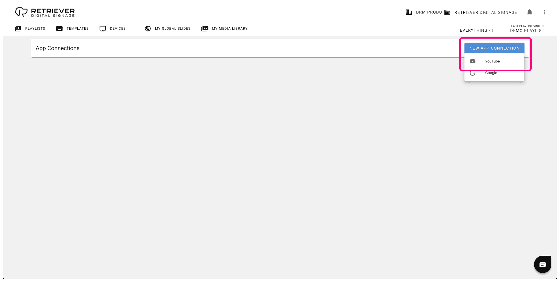 Retriever interface with the “New App Connection” button and “YouTube” option highlighted
