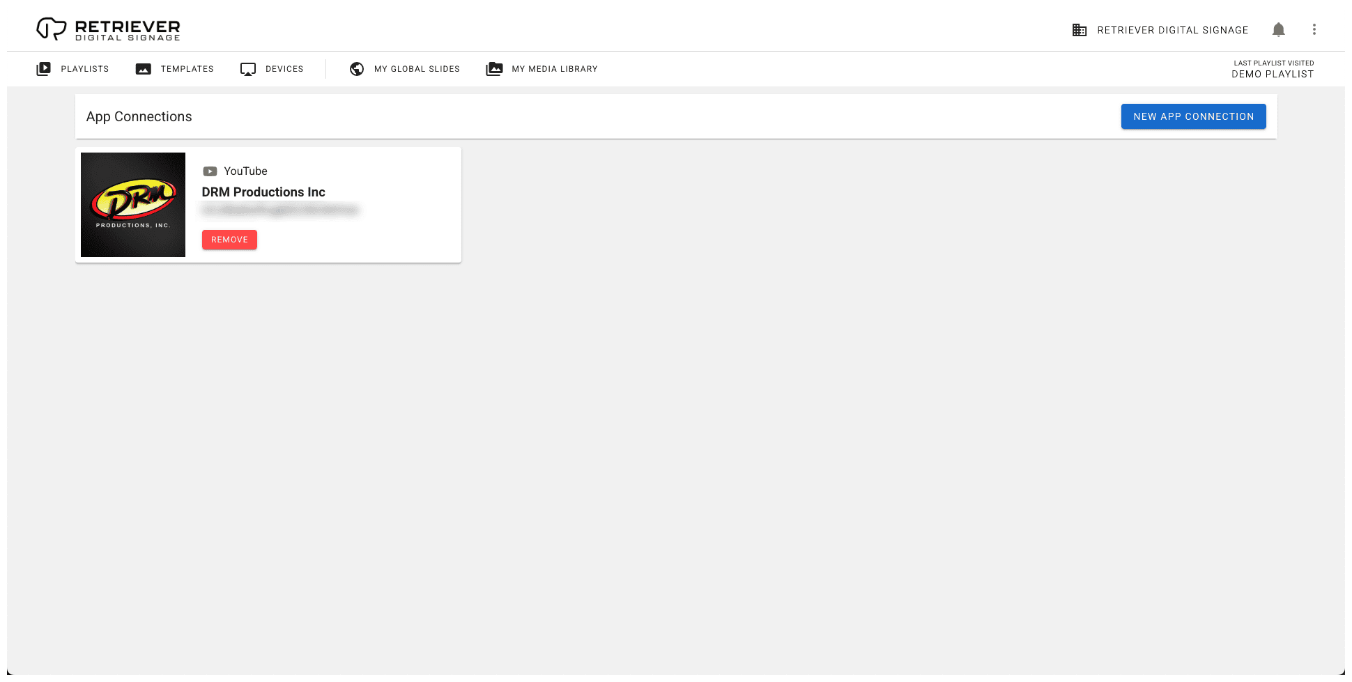The Retriever app connections screen showing that YouTube is connected.