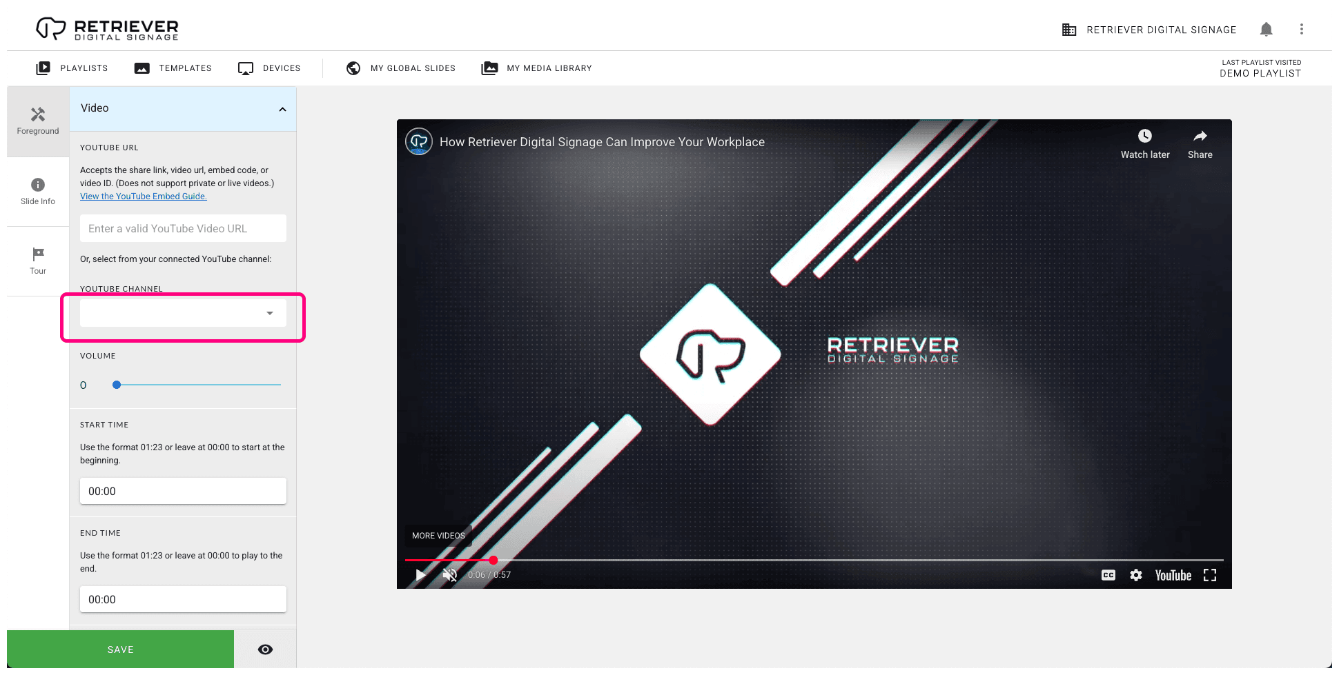 Retriever interface with the “YouTube Channel” selector highlighted