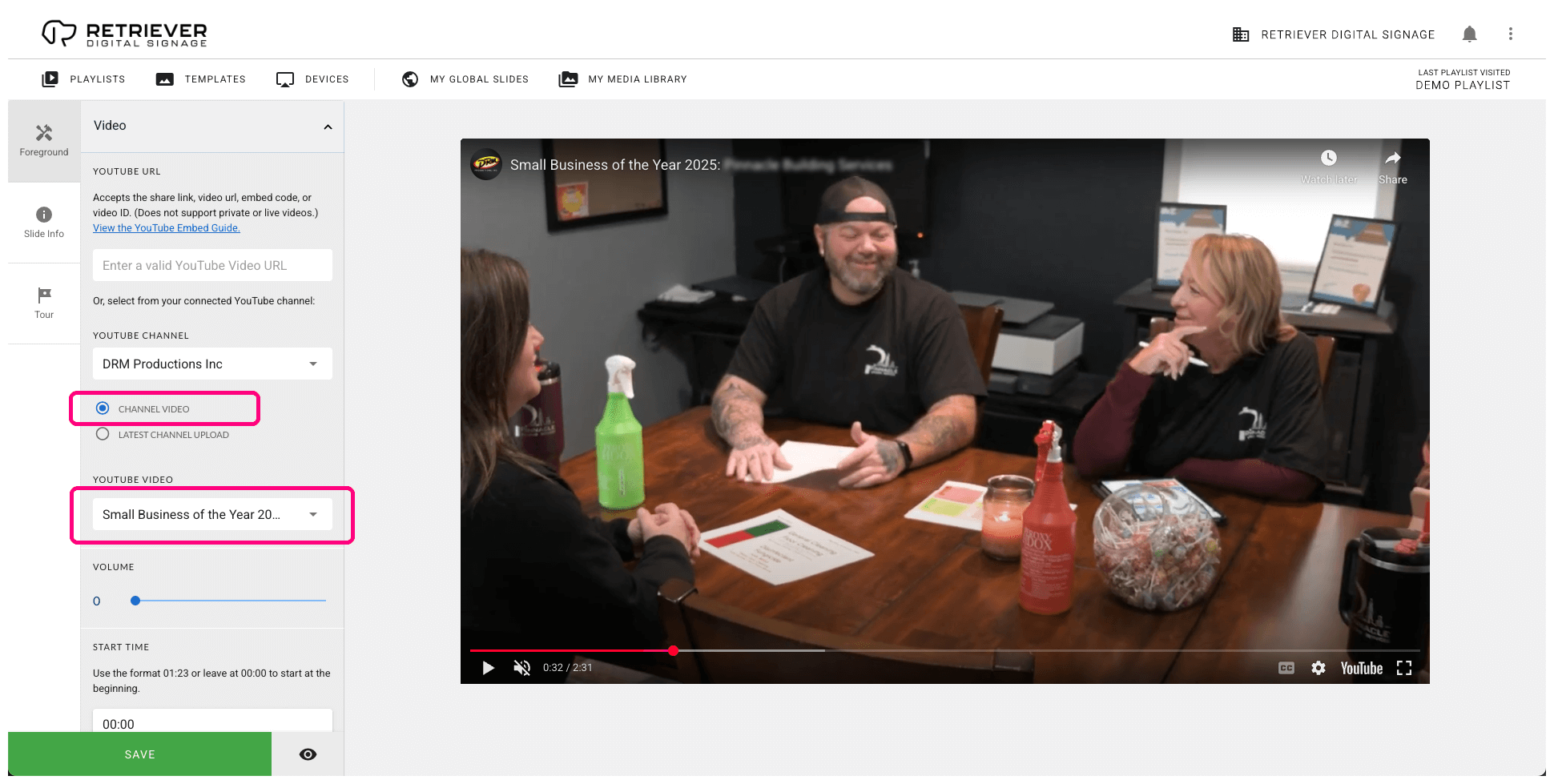 Retriever interface with the “Channel Video” option selected. The “Channel Video” option and “YouTube Video” selector are highlighted.