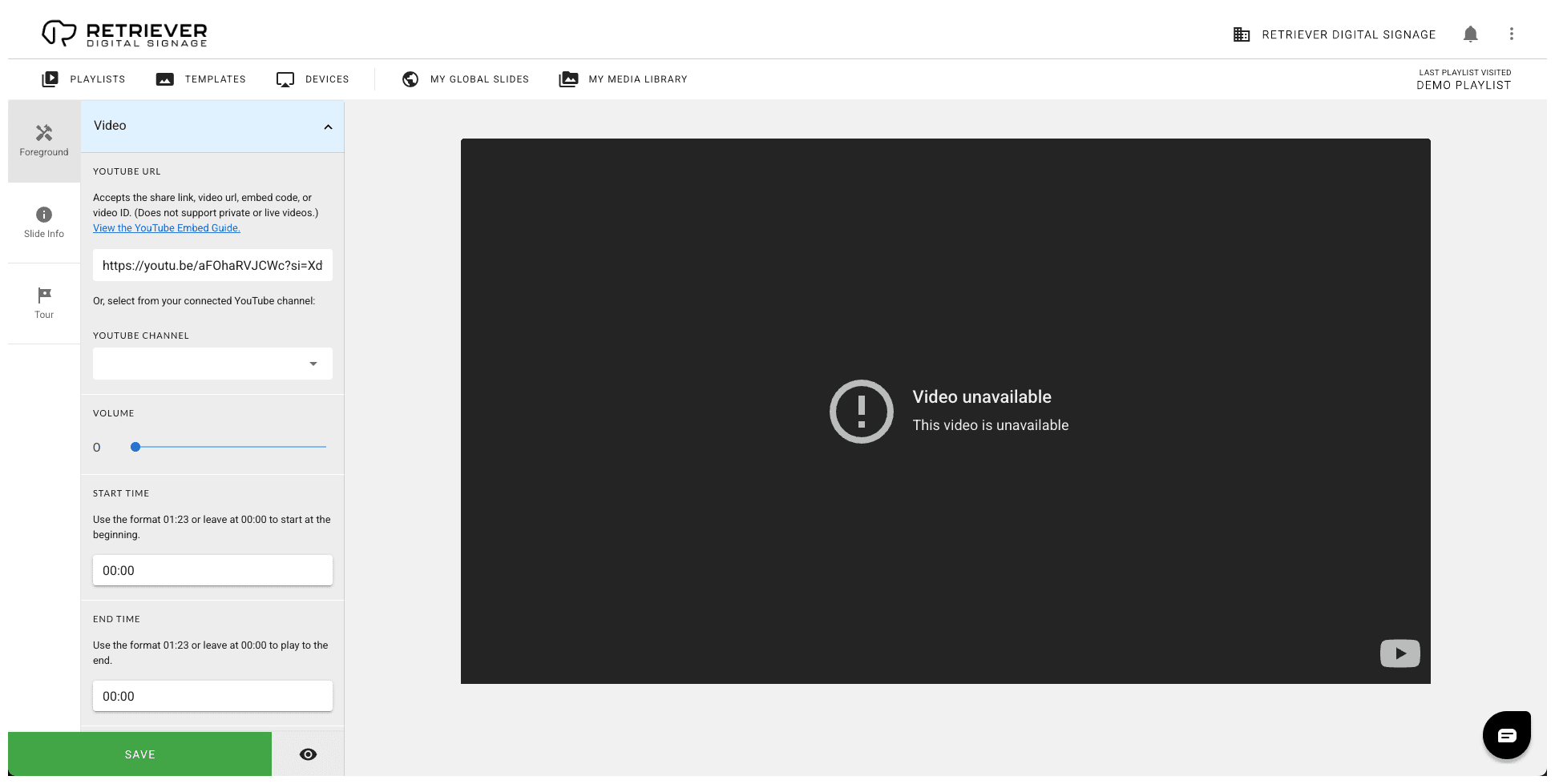 Screen shot of the Retriever interface with a YouTube error. The message says “This video is unavailable.”