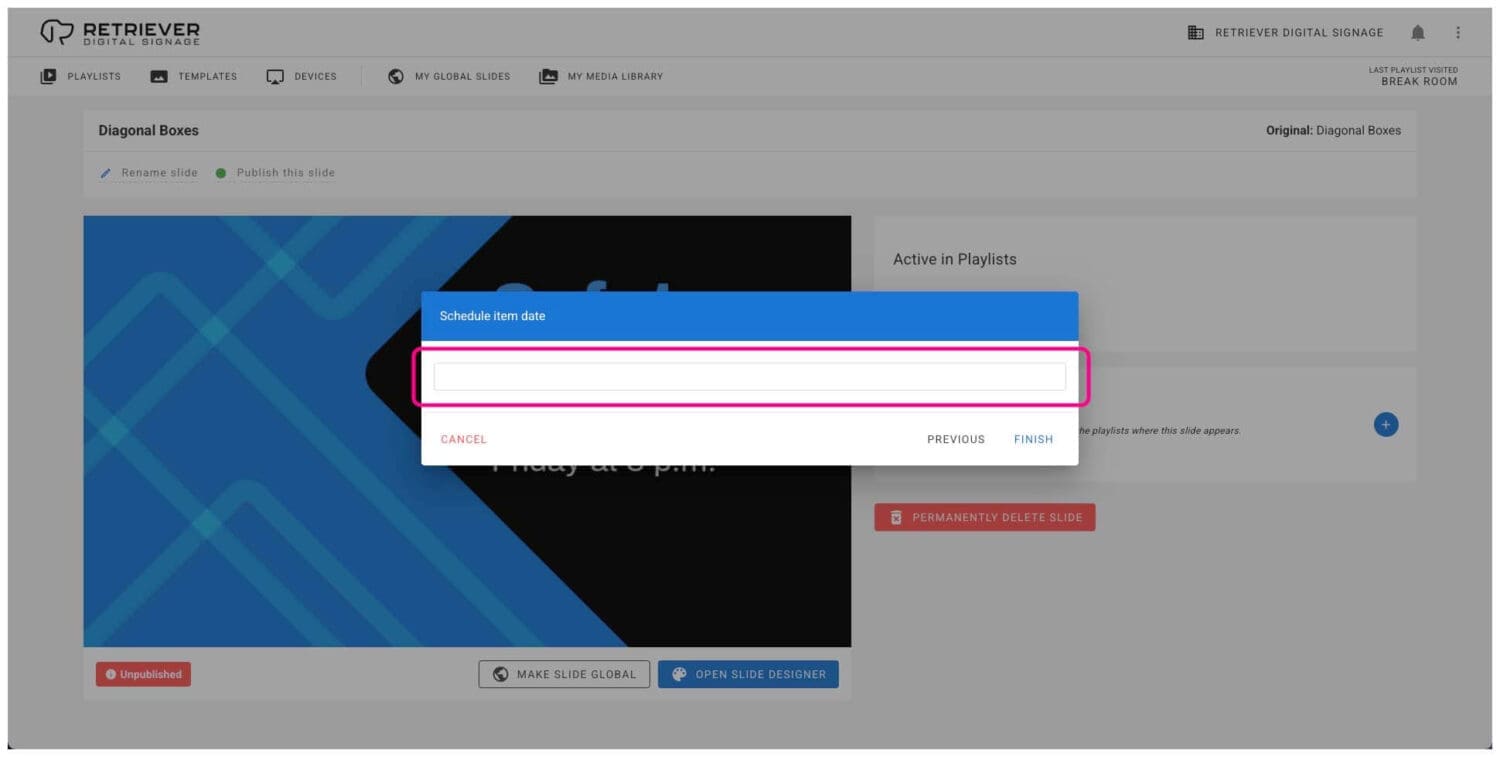 Retriever interface showing a date picker for a recurring slide schedule.