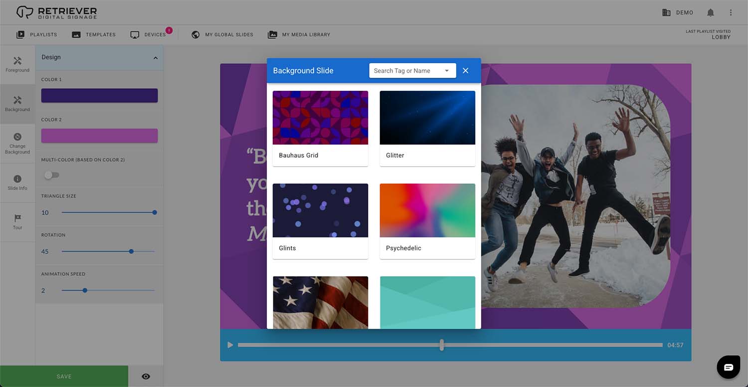 Screen shot of the Retriever interface showing the background slide picker