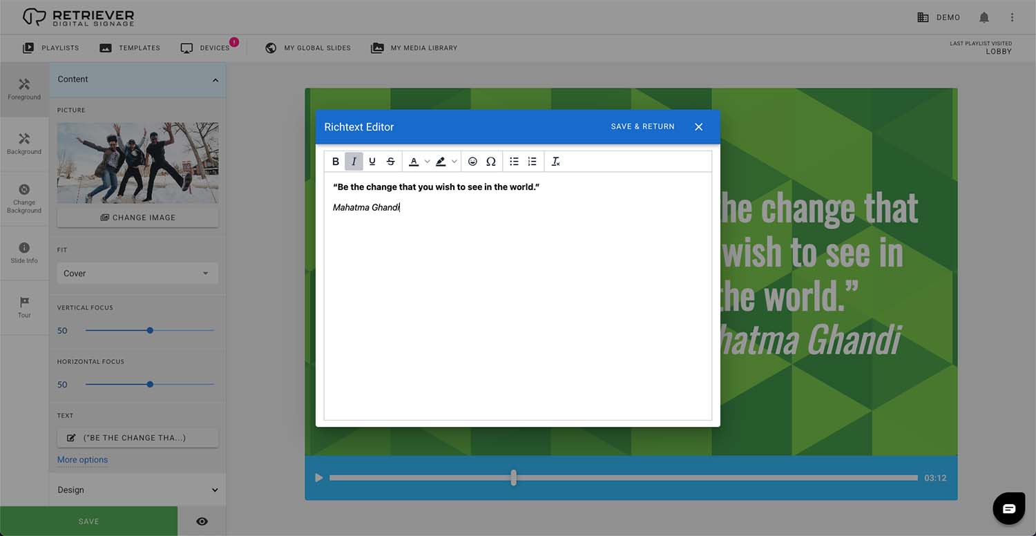 Screen shot of the Retriever interface showing a rich text editor