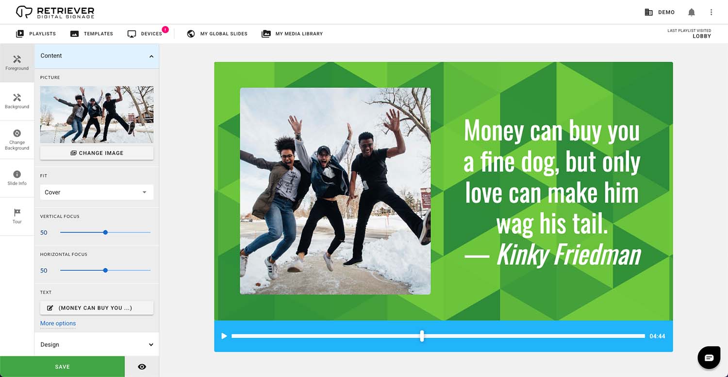 Screen shot of the Retriever interface showing the slide designer with new photo