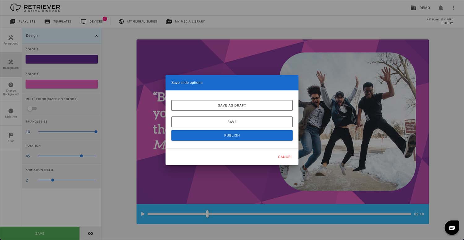Screen shot of the Retriever interface showing options to save and publish a slide